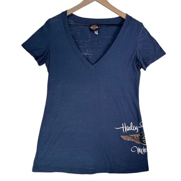 Harley-Davidson Women's V-Neck Graphic Tee Blue Size L Standard Wasilla, Alaska - Picture 1 of 12